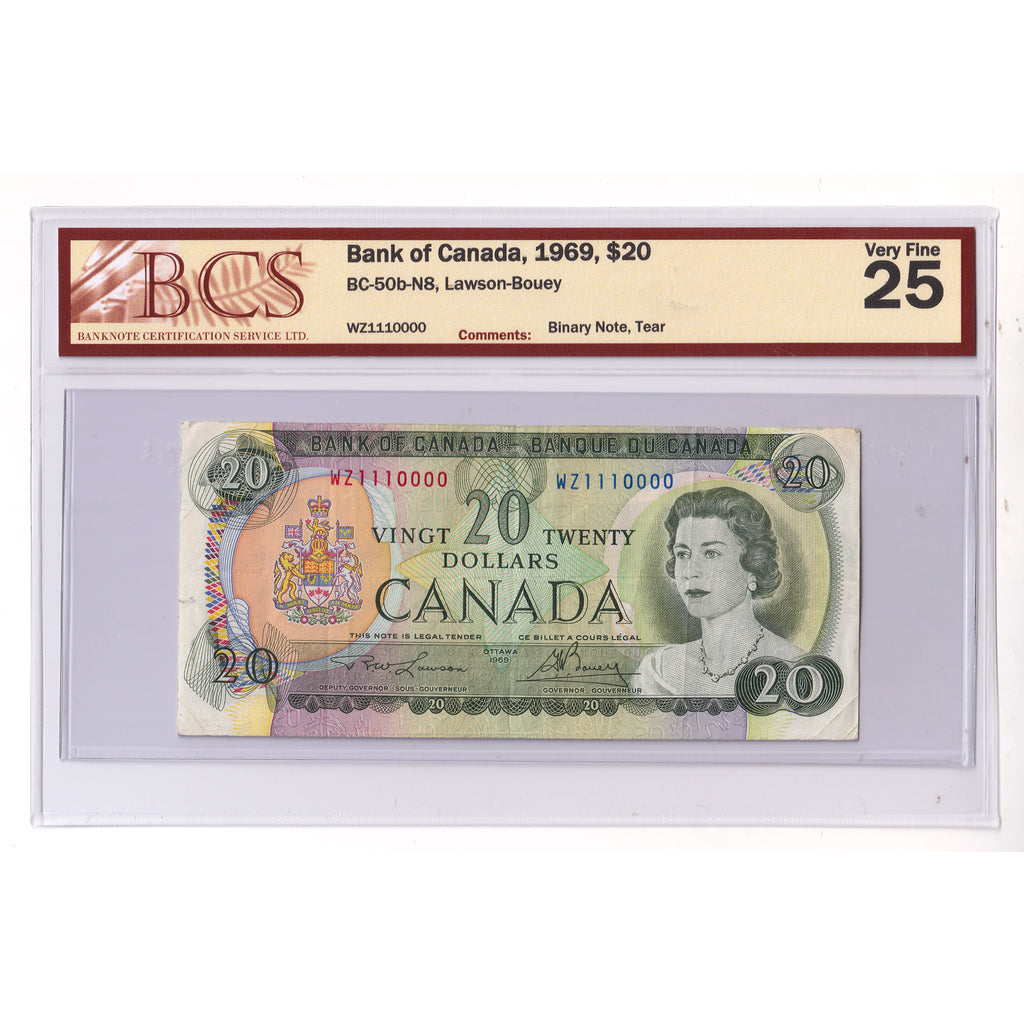 BC-50b-N8 1969 Canada $20 Lawson-Bouey, Binary Note, WZ, BCS Certified VF25 (tear)