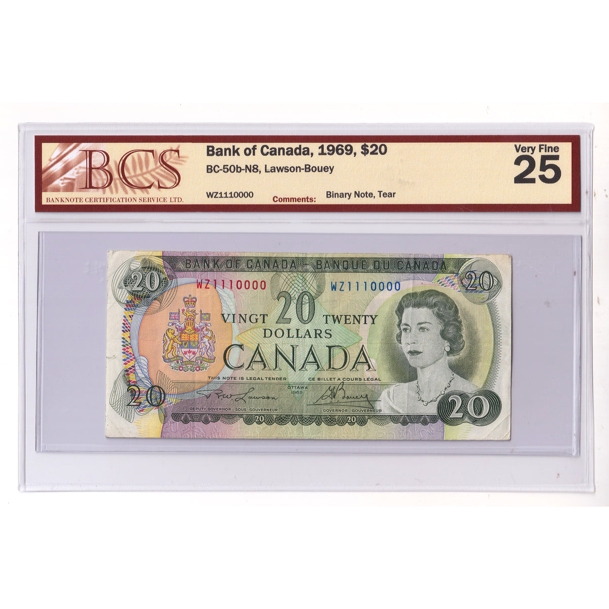 BC-50b-N8 1969 Canada $20 Lawson-Bouey, Binary Note, WZ, BCS Certified VF25 (tear)