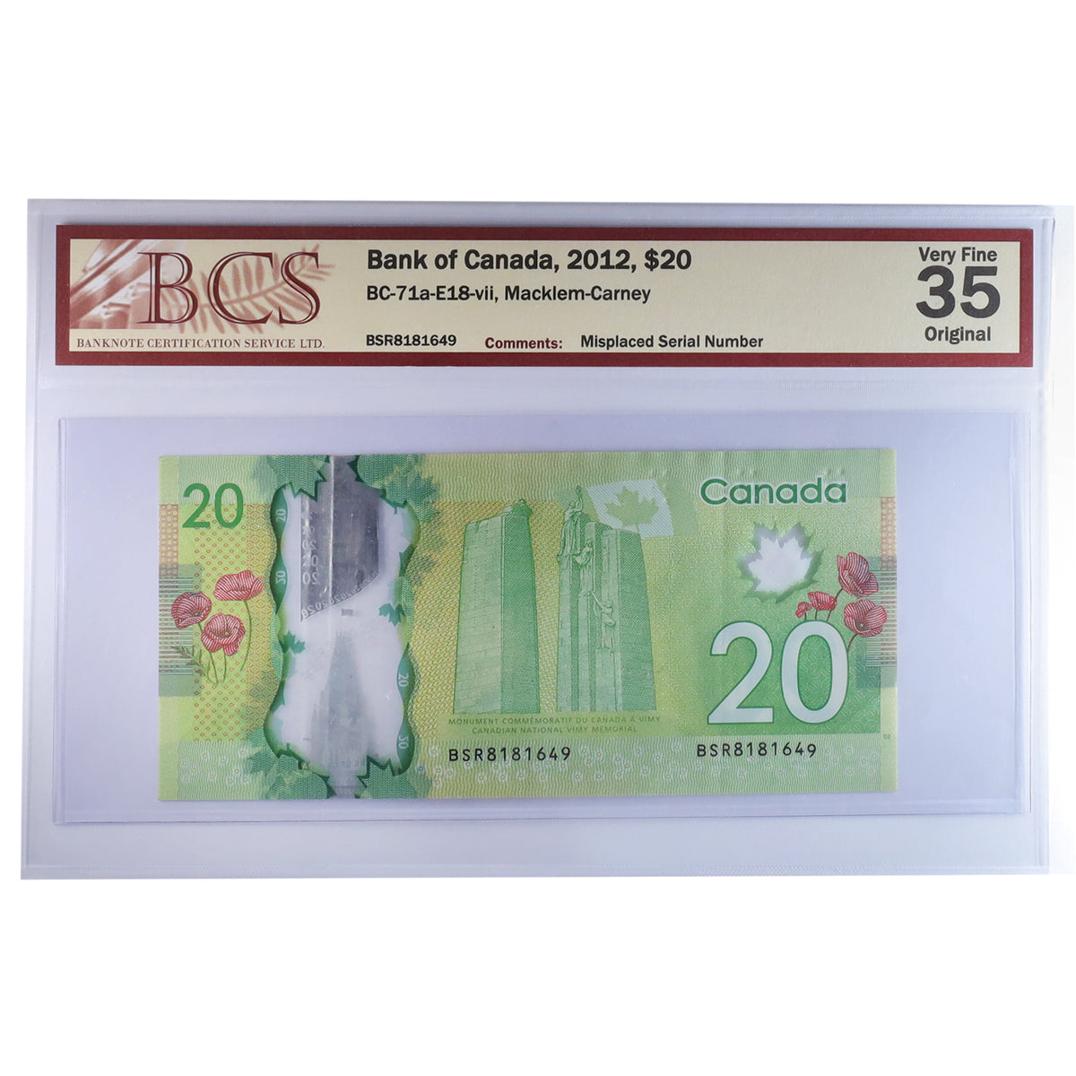 BC-71a-E18-vii 2012 Canada $20 Macklem-Carney, Misplaced Ser. # BSR, BCS Crt. VF35 (DOP)