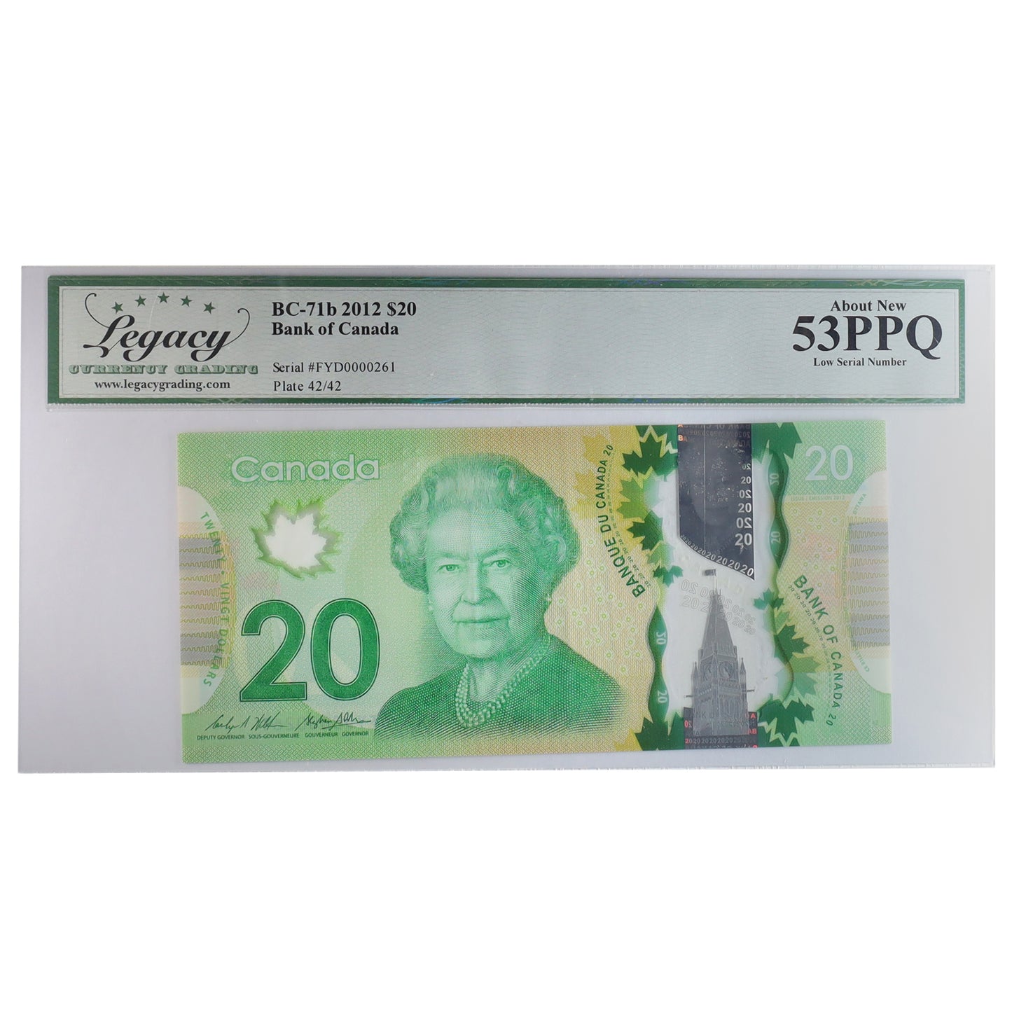 BC-71b 2012 Canada $20 Wilkins-Poloz, Low Serial Number, FYD, Legacy Certified AU53 (DOP)