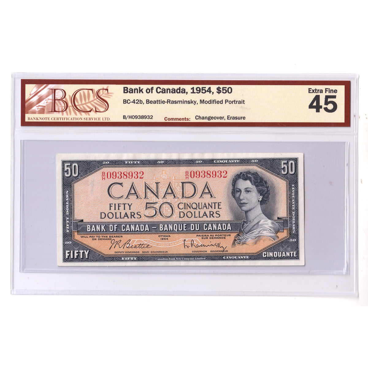 BC-42b 1954 Canada $50 Beattie-Rasminsky, Mod., Changeover, B/H, BCS Crt. EF45 (erasure)