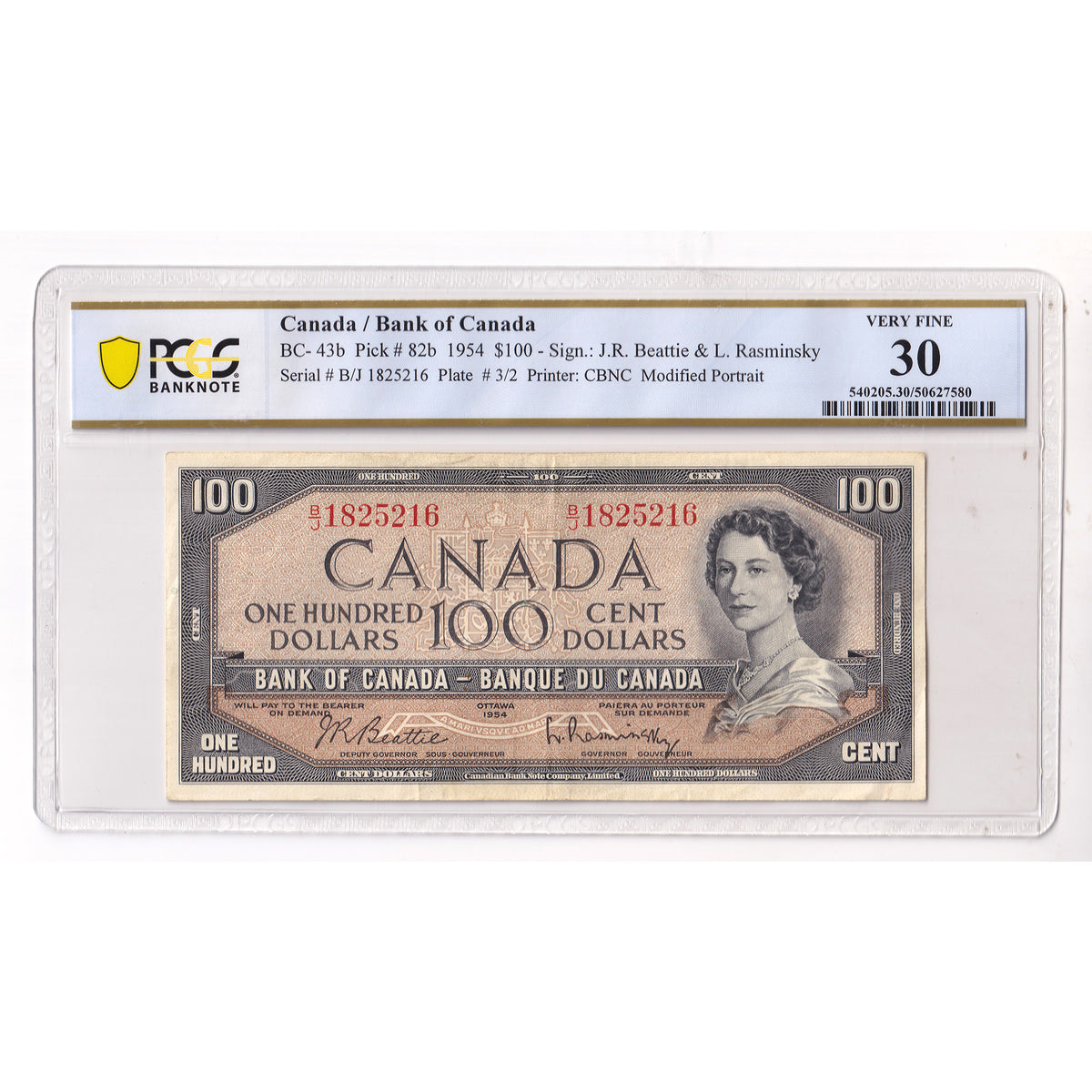 BC-43b 1954 Canada $100 Beattie-Rasminsky, Modified Portrait, B/J, PCGS Cert. VF30 (DOP)