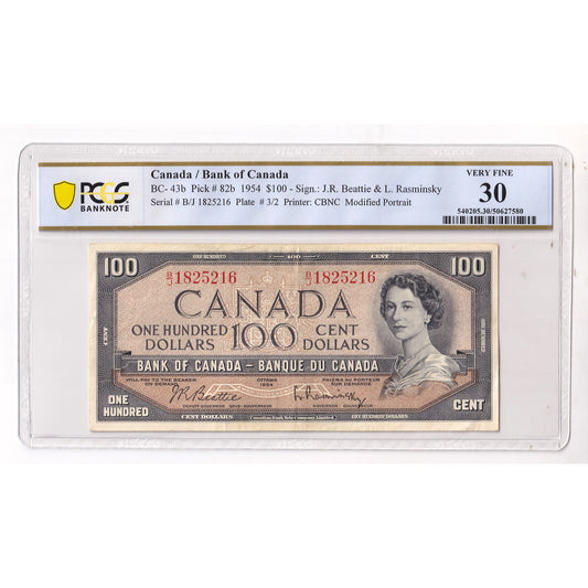 BC-43b 1954 Canada $100 Beattie-Rasminsky, Modified Portrait, B/J, PCGS Cert. VF30 (DOP)