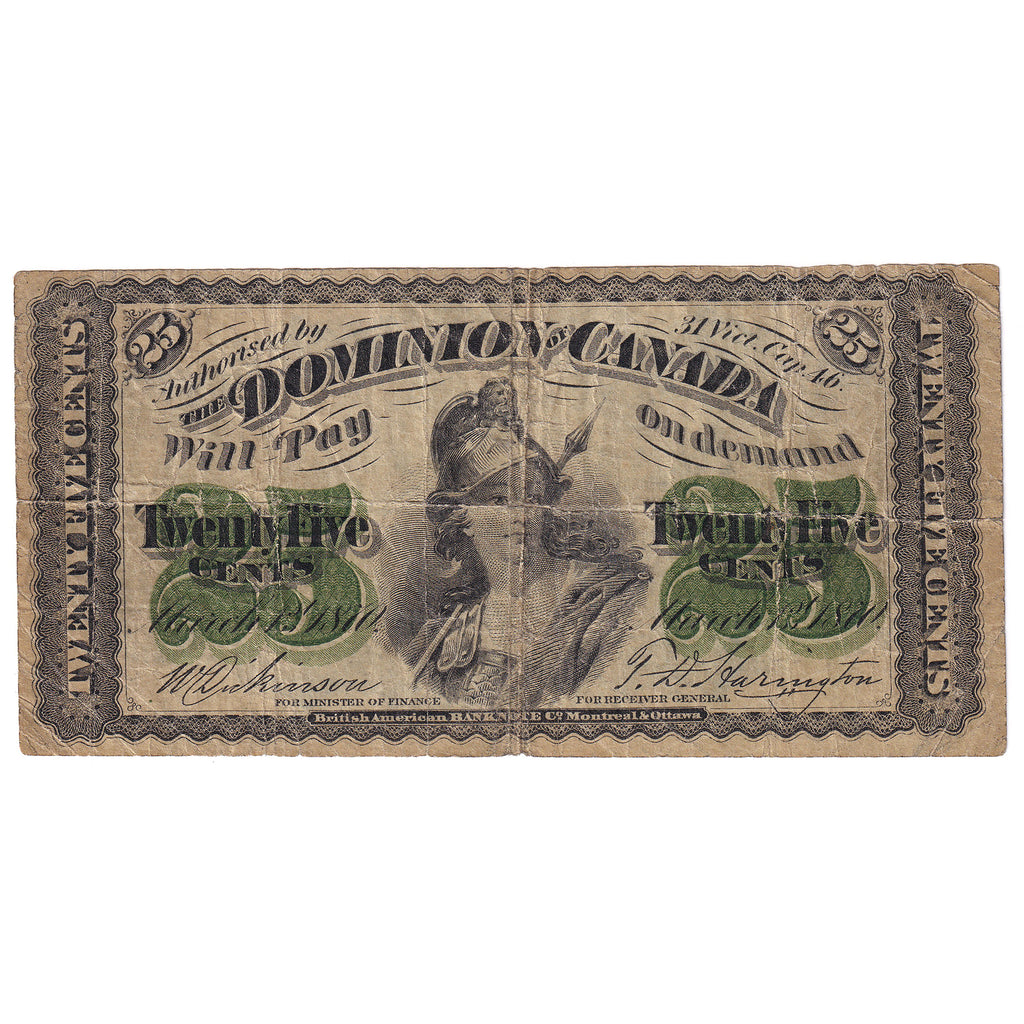 1870 Dominion 25 cent Shinplaster, Dickinson-Harington, Plain Series, Circ