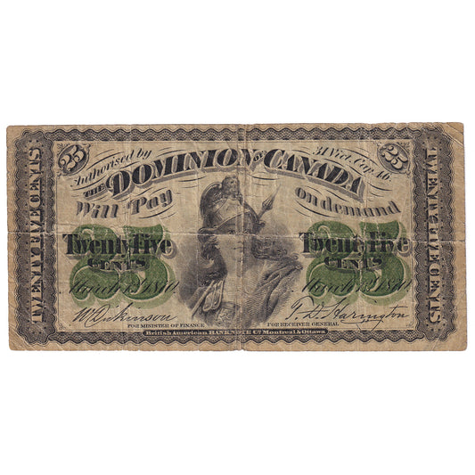 1870 Dominion 25 cent Shinplaster, Dickinson-Harington, Plain Series, Circ