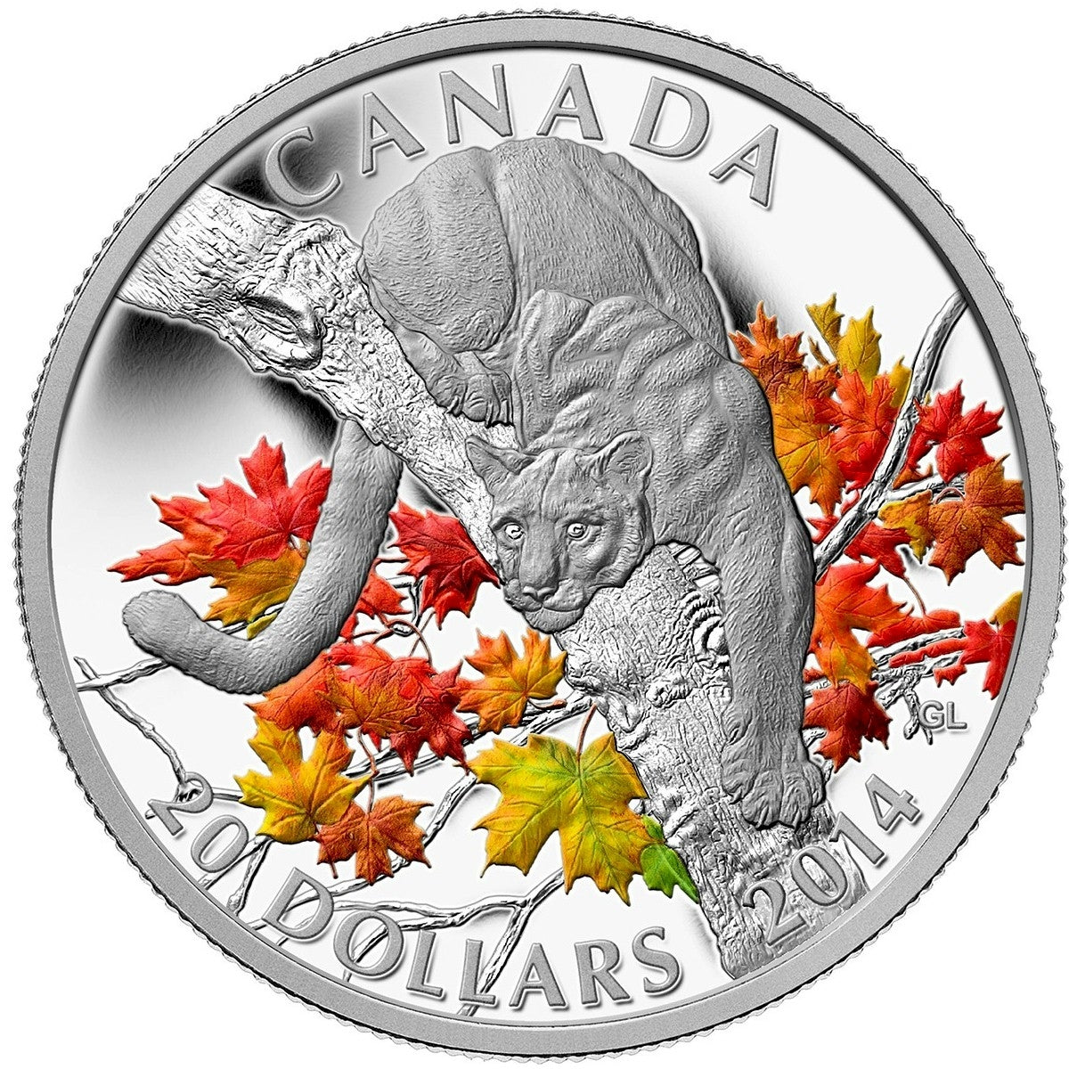 RDC 2014 Canada $20 Cougar - Perched on a Maple Tree Silver (No Tax) impaired