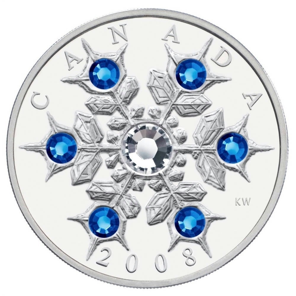 RDC 2008 Canada $20 Sapphire Crystal Snowflake Fine Silver (lightly toned)