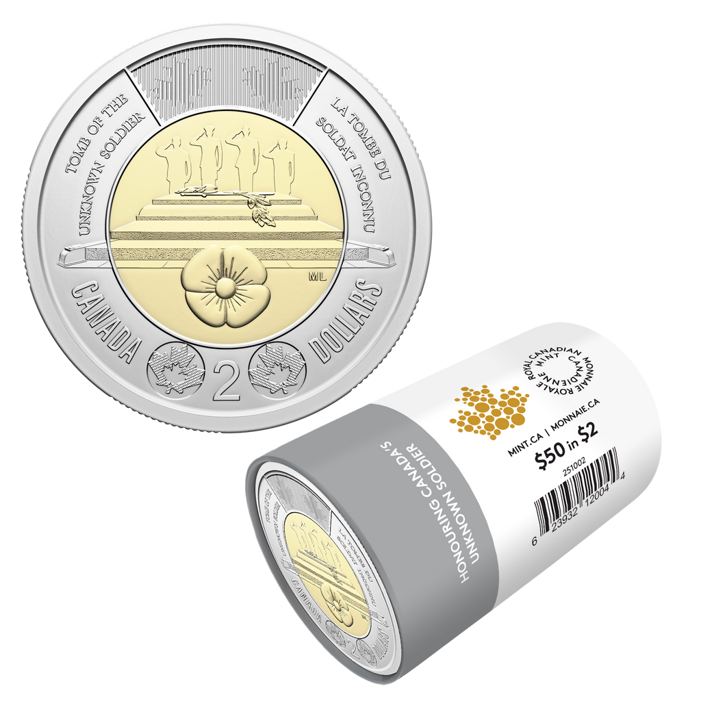 2025 Uncoloured $2 Honouring Canada's Unknown Soldier Special Wrapped Roll of 25pcs