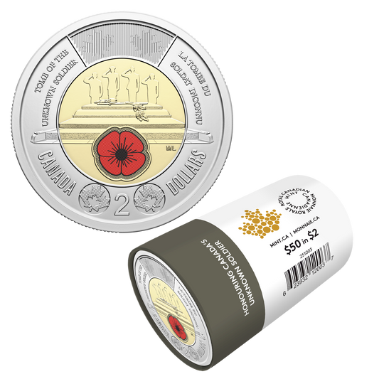 2025 Coloured $2 Honouring Canada's Unknown Soldier Special Wrapped Roll of 25pcs