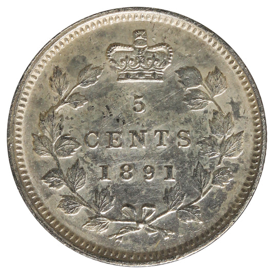1891 Obv. 2 Canada 5-cents Almost Uncirculated (AU-50) Cleaned