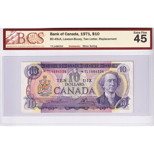 BC-49cA 1971 Canada $10 L-B, Replacement, 2 Letter, *TL BCS Cert. EF-45 (Minor Soiling)