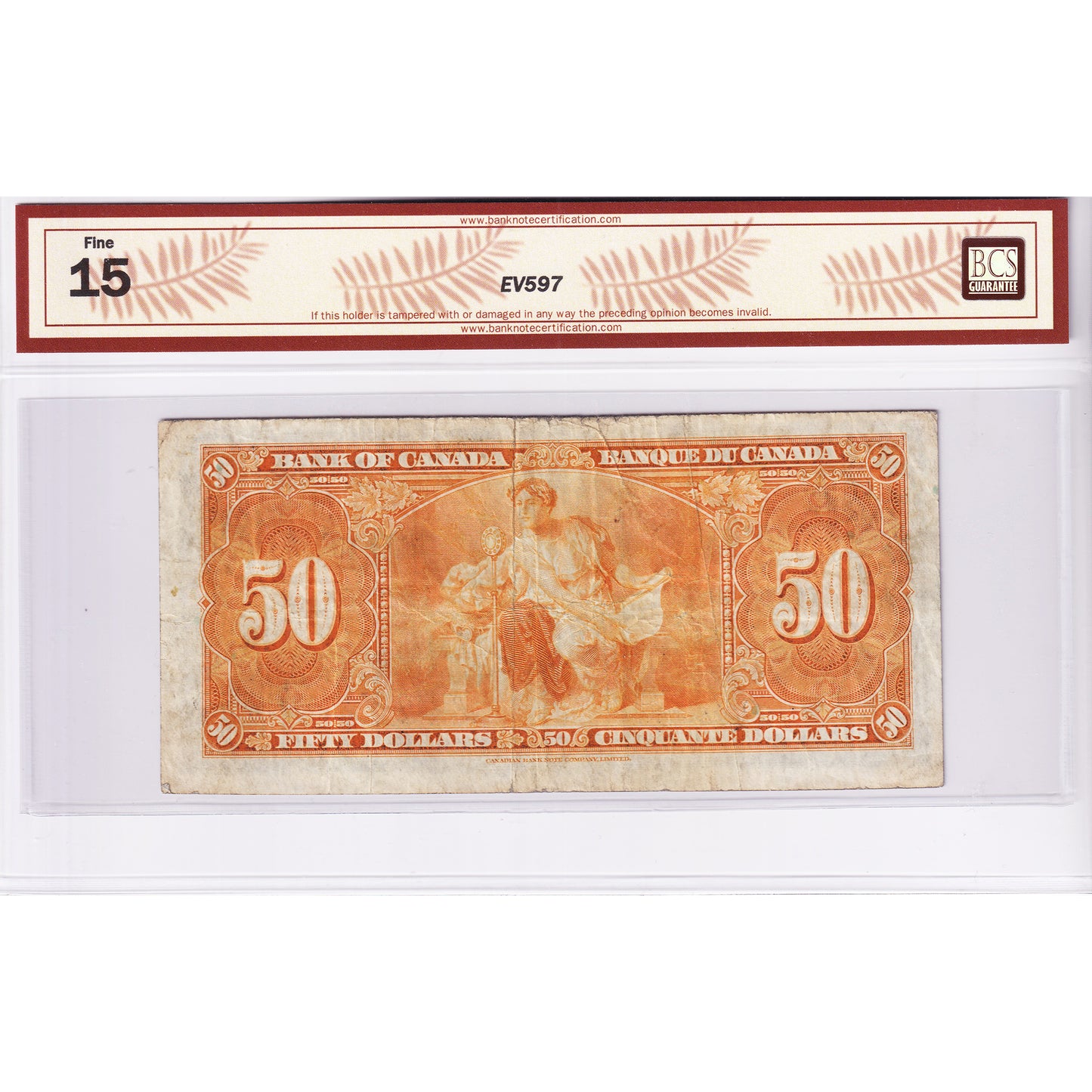 BC-26b 1937 Canada $50 Gordon-Towers, Changeover, B/H, BCS Certified F15 (Writing)