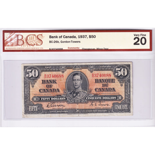BC-26b 1937 Canada $50 Gordon-Towers, Changeover, B/H, BCS Certified VF20 (Minor Tear)