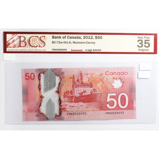 BC-72a-i-N1-iii 2012 Canada $50 M-C, 4 Digit RADAR FMW3529253, BCS Cert. VF35 Original