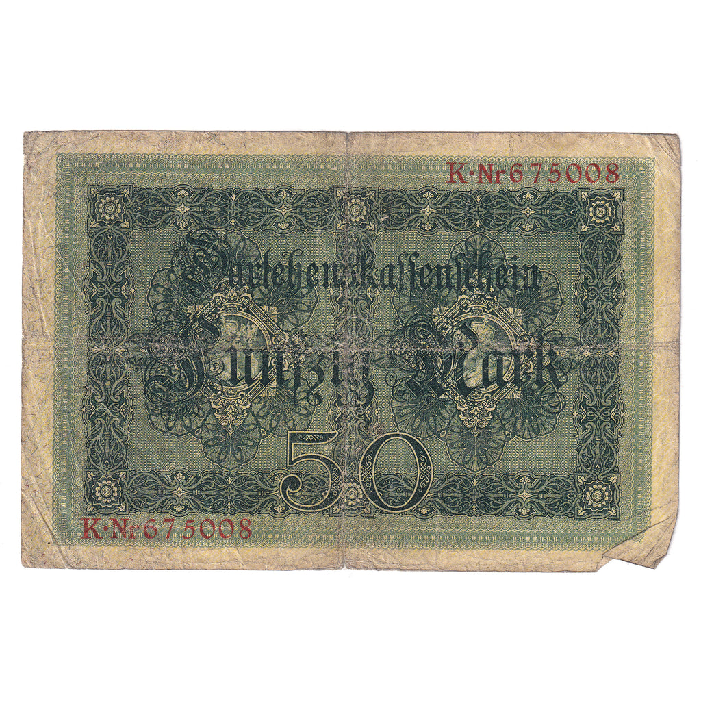 Germany 1914 50 Marks, 6 Digit, Pick #49a, VG (Dam'g)
