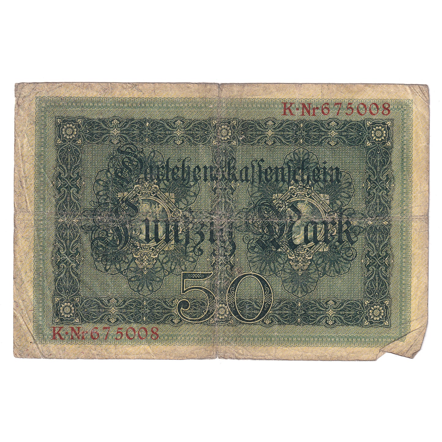 Germany 1914 50 Marks, 6 Digit, Pick #49a, VG (Dam'g)