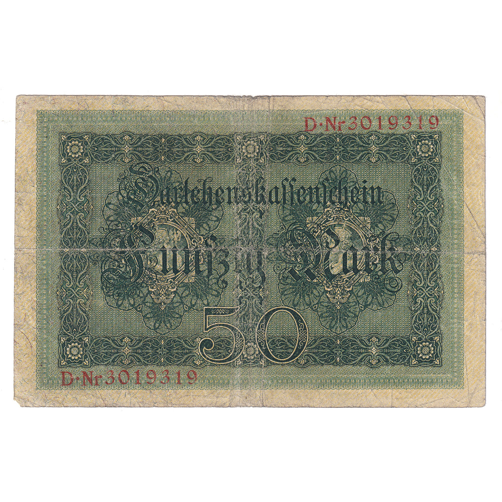 Germany 1914 50 Marks, 7 Digit, Pick #49b, VG (Holes)
