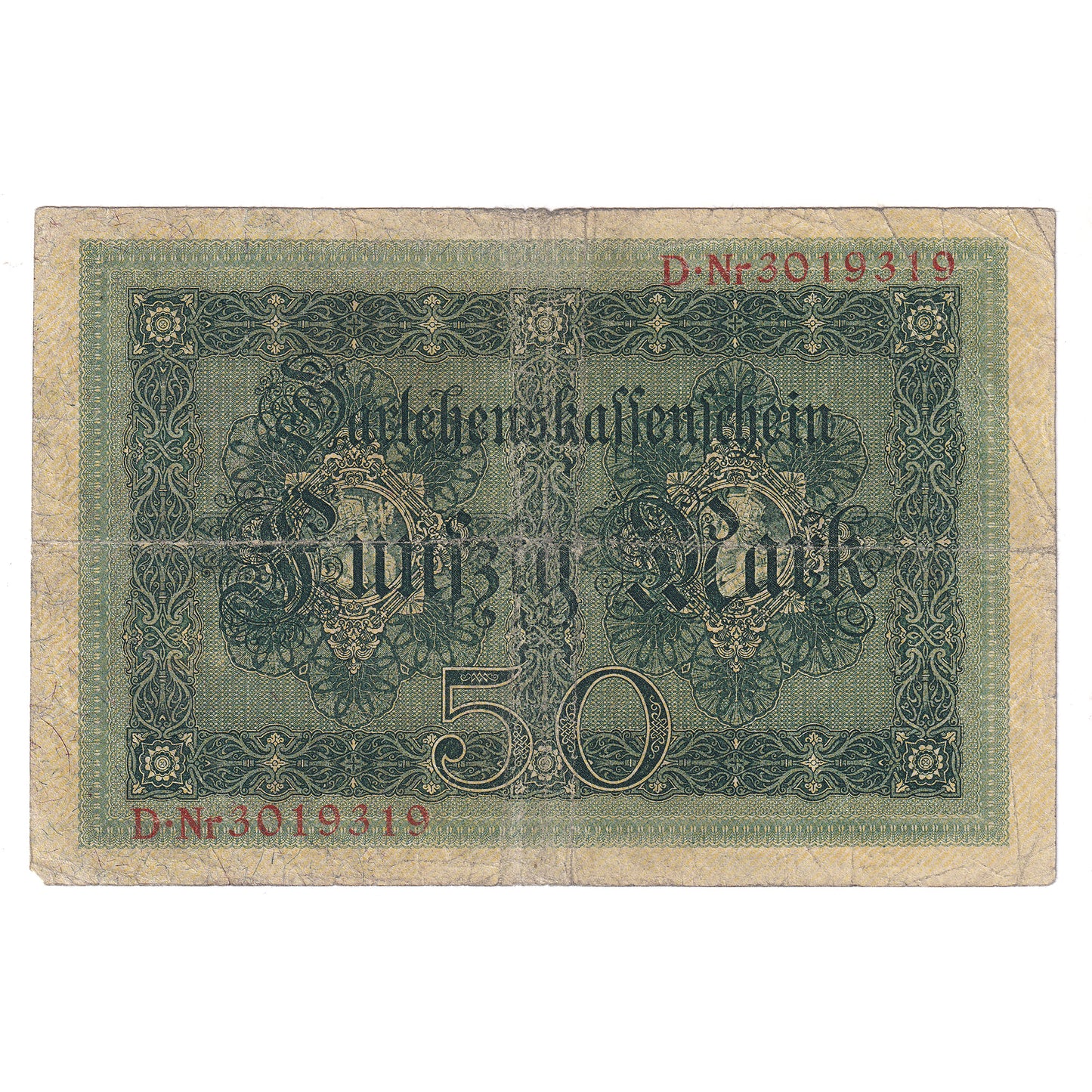 Germany 1914 50 Marks, 7 Digit, Pick #49b, VG (Holes)