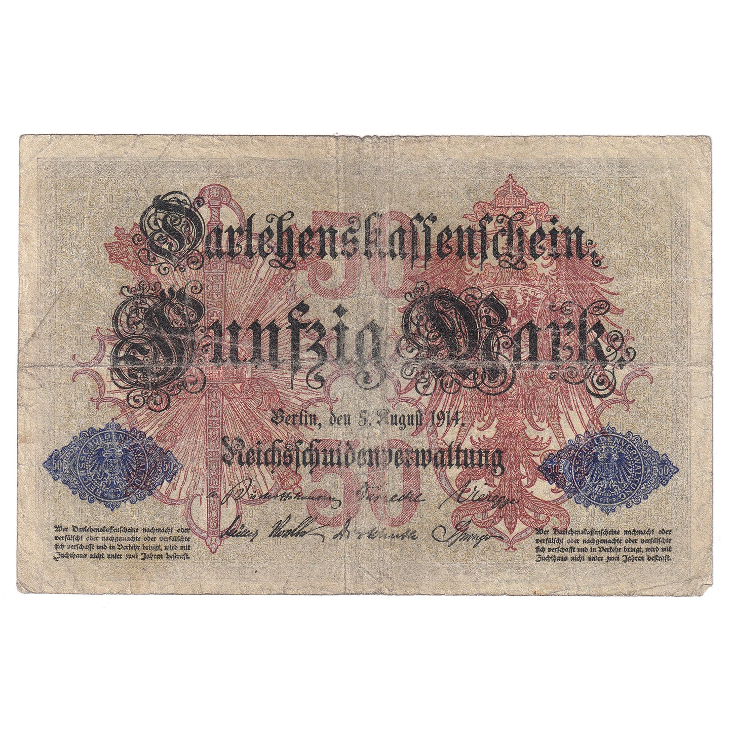 Germany 1914 50 Marks, 7 Digit, Pick #49b, VG (Holes)