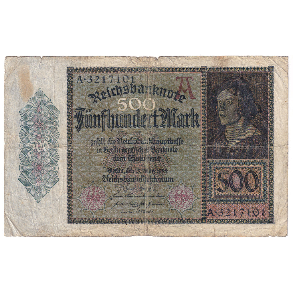 Germany 1922 500 Marks, Pick #73 , VG (Tears)