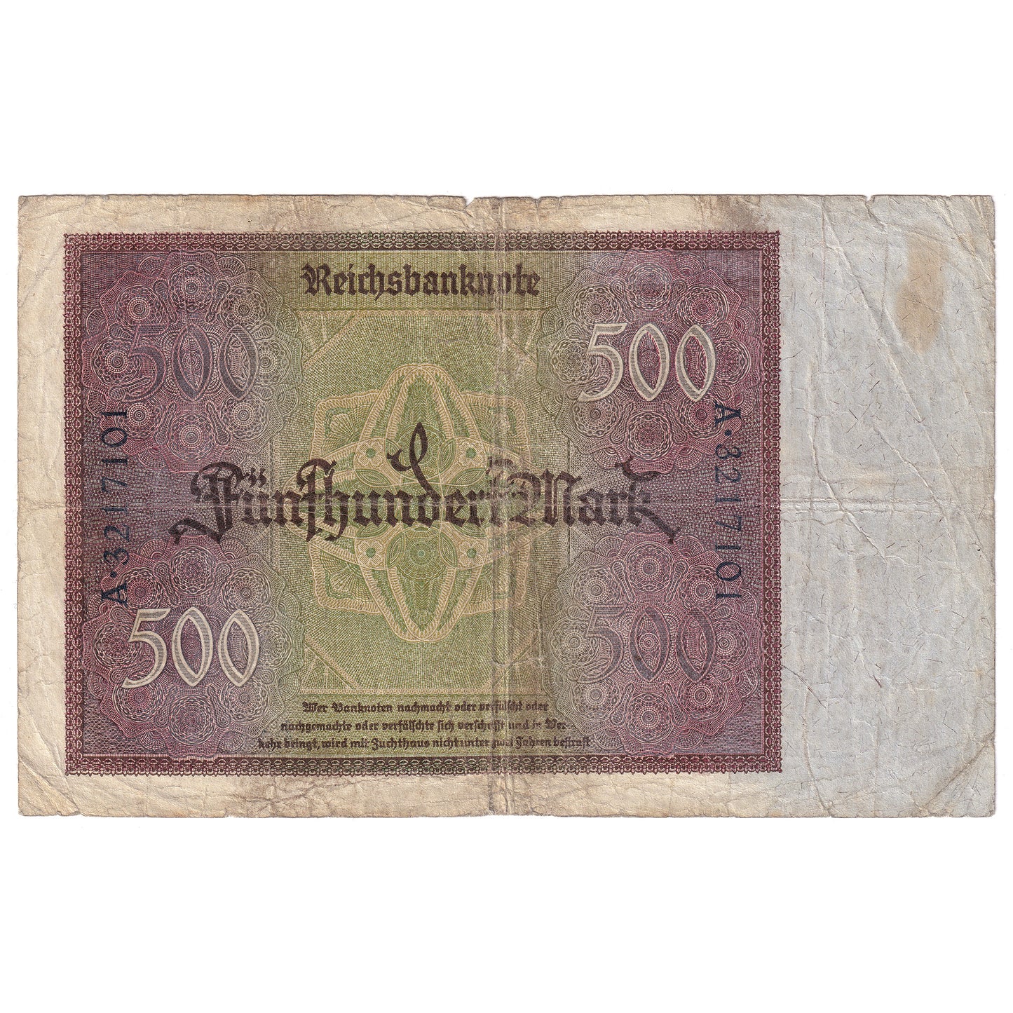 Germany 1922 500 Marks, Pick #73 , VG (Tears)