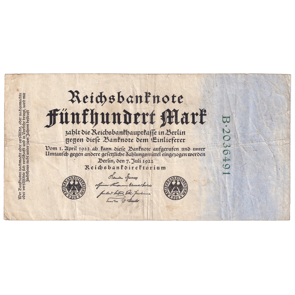 Germany 1922 500 Marks, 7 Digit, Pick #74b, F-VF (Holes)