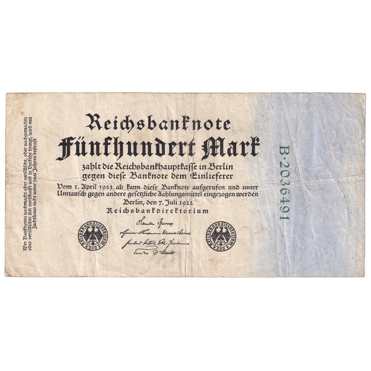 Germany 1922 500 Marks, 7 Digit, Pick #74b, F-VF (Holes)