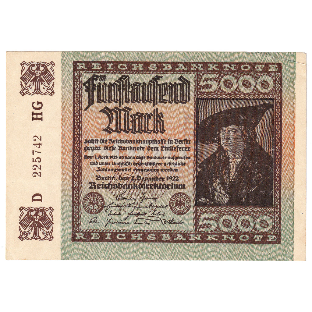 Germany 1922 5,000 Marks, Pick #81a, AU (Tear)