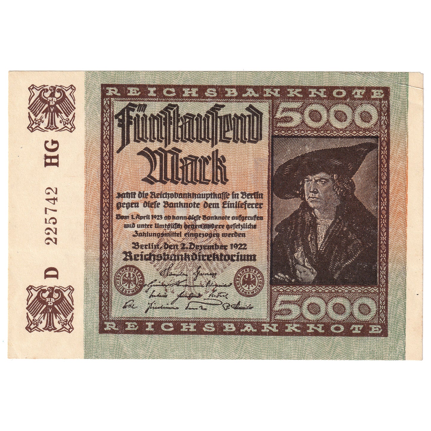 Germany 1922 5,000 Marks, Pick #81a, AU (Tear)