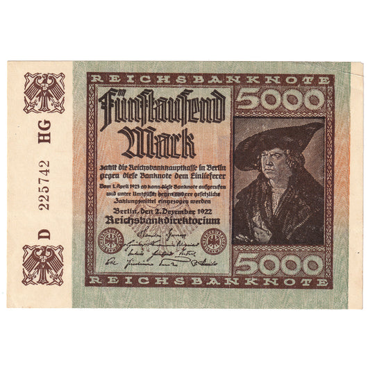 Germany 1922 5,000 Marks, Pick #81a, AU (Tear)