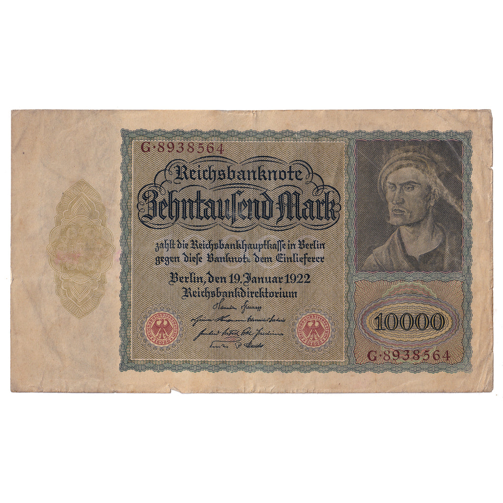 Germany 1922 10,000 Marks, Pick #71, EF-AU (Tear)