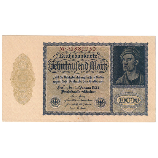 Germany 1922 10,000 Marks, Pick #72, AU-UNC (Stain)