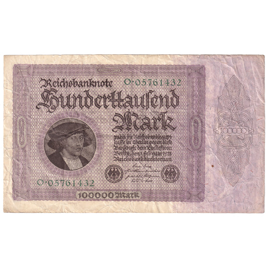 Germany 1923 100,000 Marks, W/O T, Pick #83a, VF (Holes)