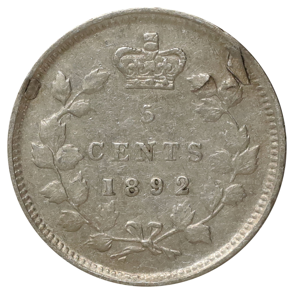 ERROR 1892 Obv. 2 Canada 5-cents Extra Fine (EF40) Lamination Error