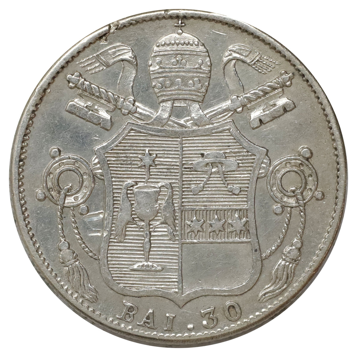 Papal States 1834 IVR Gregory XVI 30 Baiocchi Extra Fine (EF40) Heavy