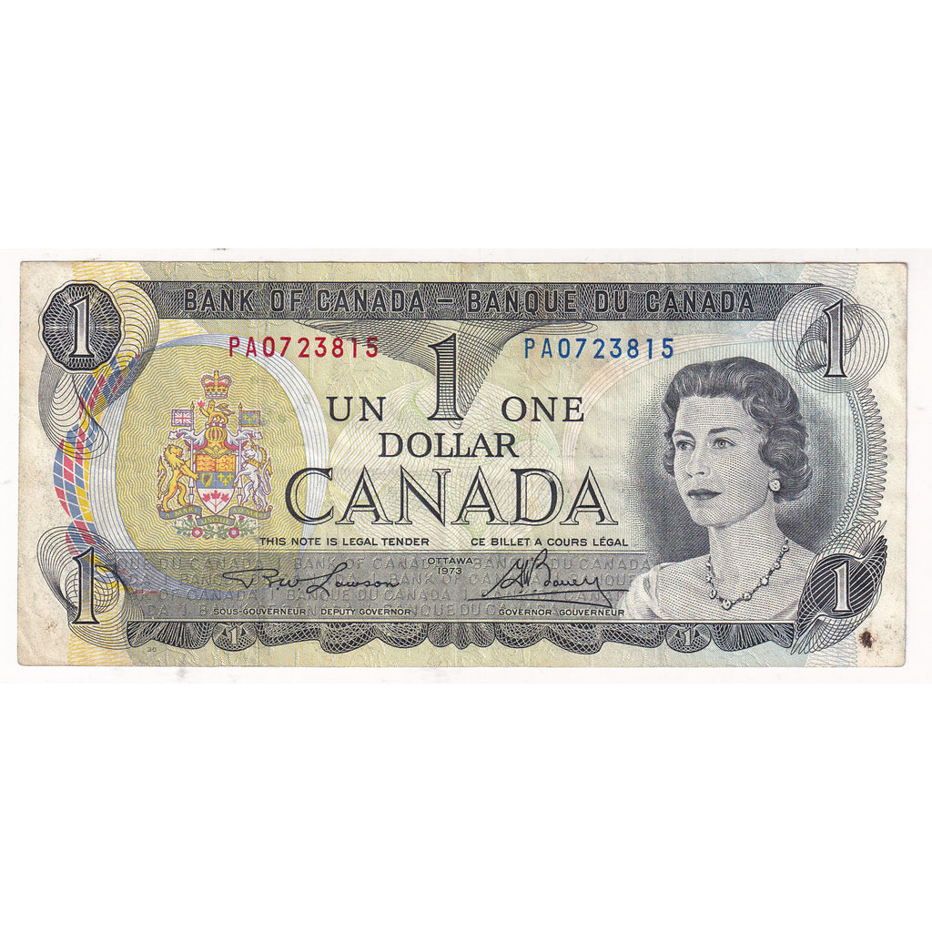 BC-46a 1973 Canada $1 Lawson-Bouey, PA, VF-EF (VF30) Tears, marks, or impaired
