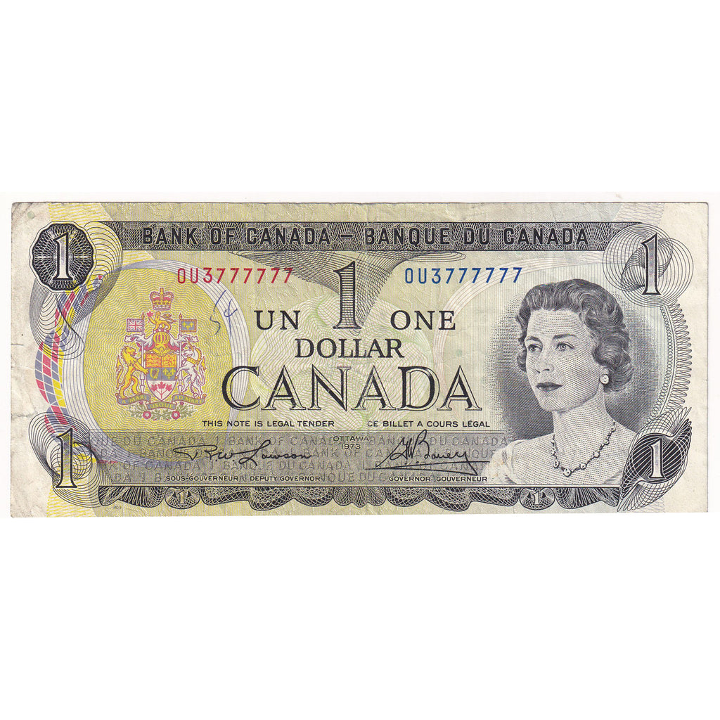 BC-46a 1973 Canada $1 Lawson-Bouey, Neat Number OU3777777, Circulated (DOP)
