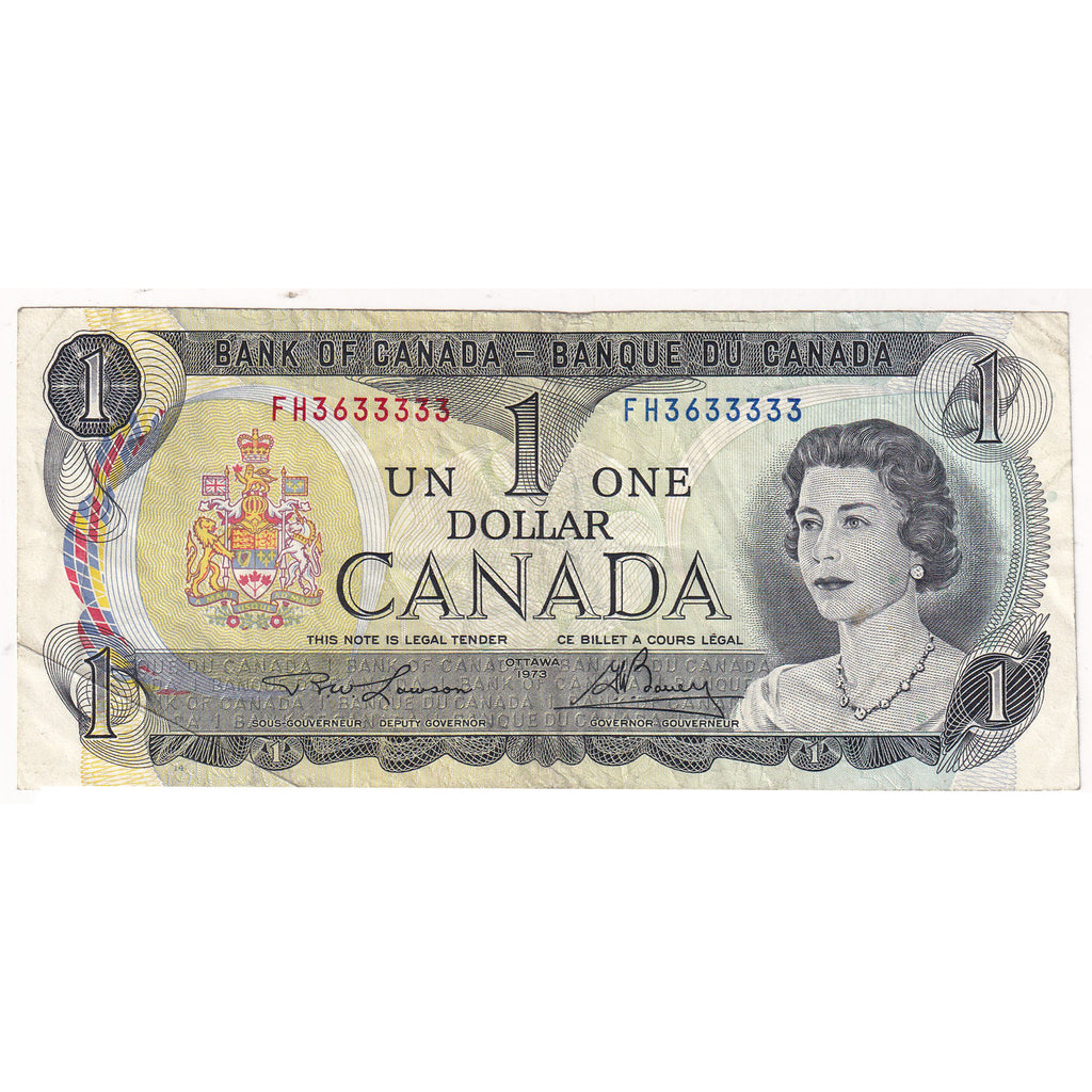 BC-46a 1973 Canada $1 Lawson-Bouey, Neat Number FH3633333, Circulated (DOP)