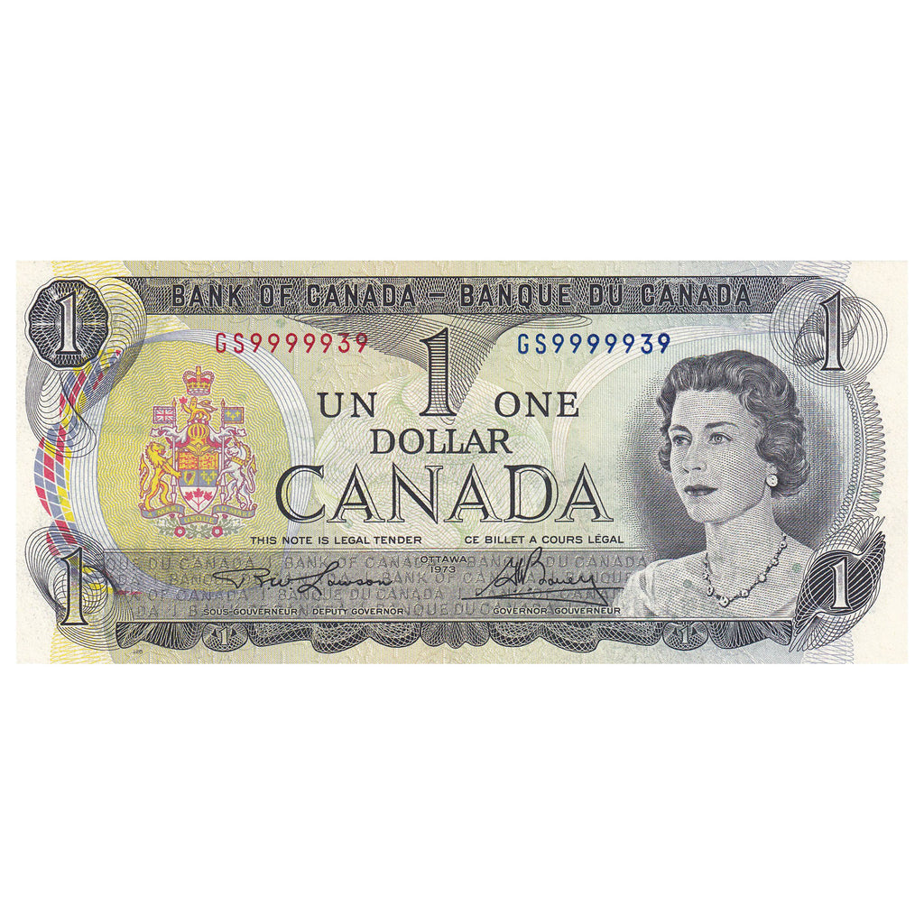 BC-46a 1973 Canada $1 Lawson-Bouey, Neat Number GS9999939, Uncirculated (MS60) DOP