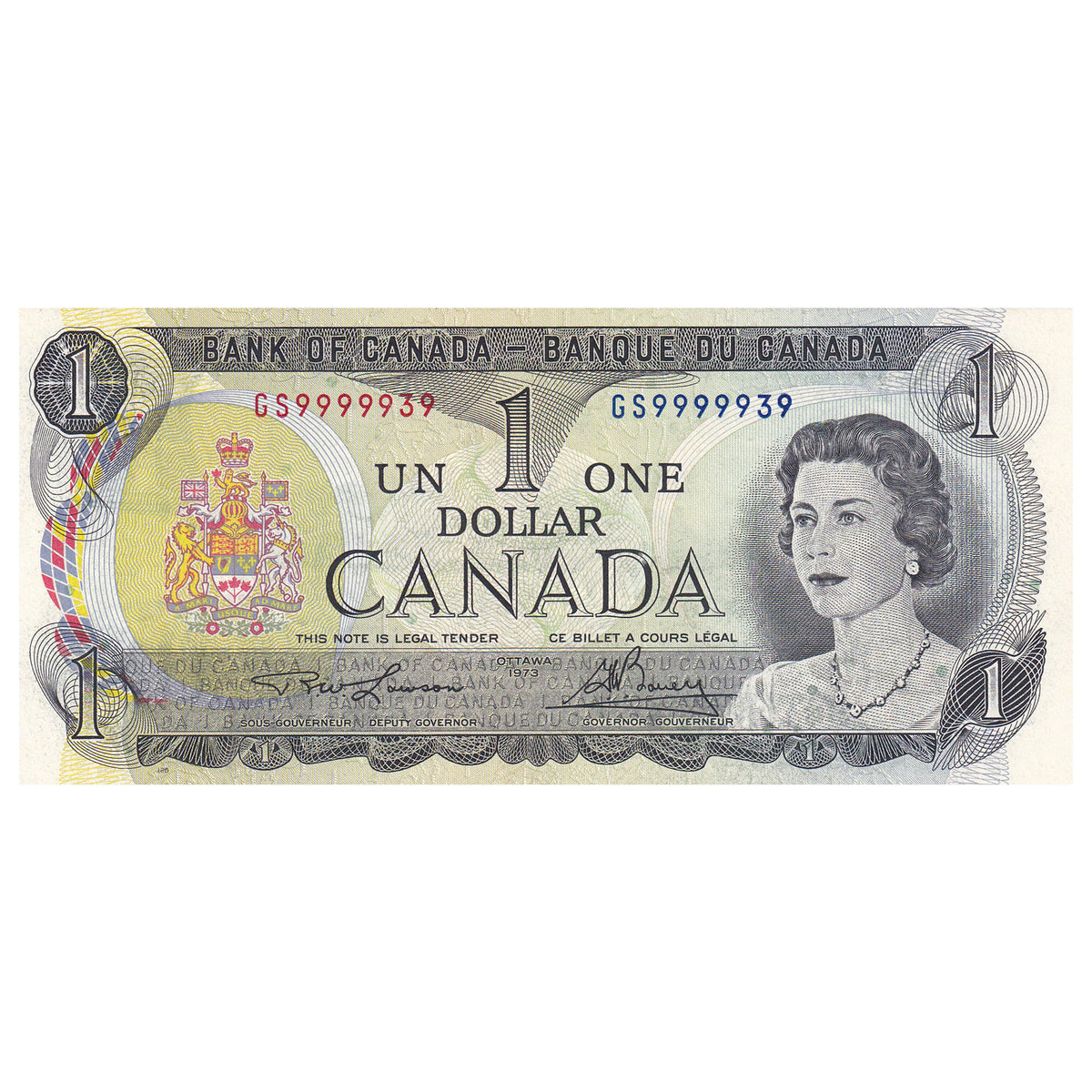 BC-46a 1973 Canada $1 Lawson-Bouey, Neat Number GS9999939, Uncirculated (MS60) DOP