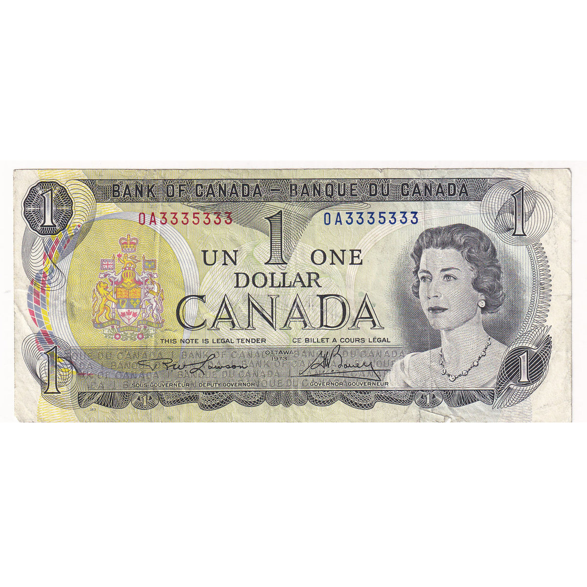 BC-46a-N1-ii 1973 Canada $1 Lawson-Bouey, 2-Digit RADAR OA3335333, Circulated (DOP)