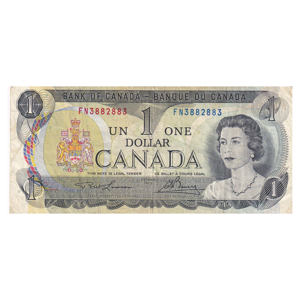 BC-46a-N1-iii 1973 Canada $1 Lawson-Bouey, 3-Digit RADAR FN3882883, Circulated (DOP)
