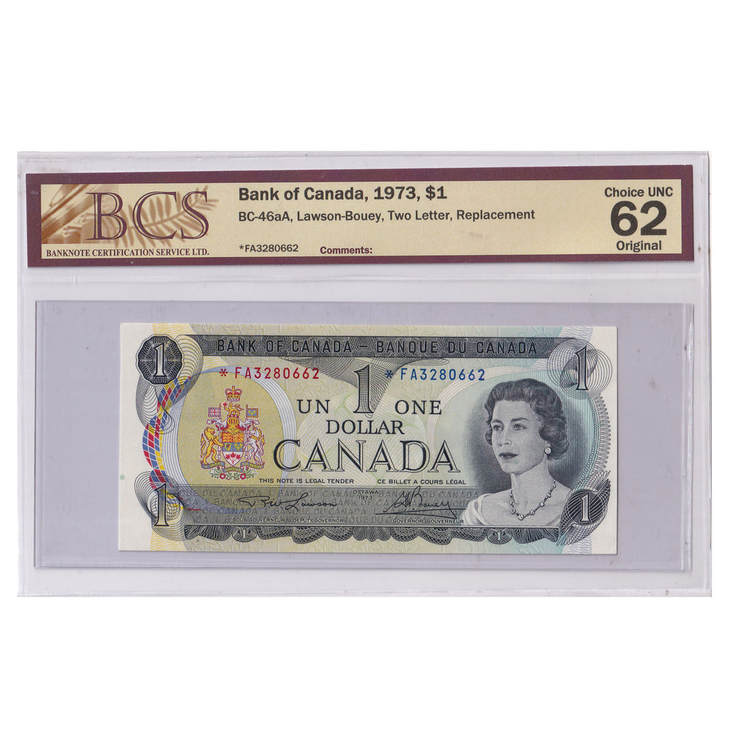 BC-46aA 1973 Canada $1 Lawson-Bouey, Two-Letter, Replacement, *FA BCS Certified CUNC62