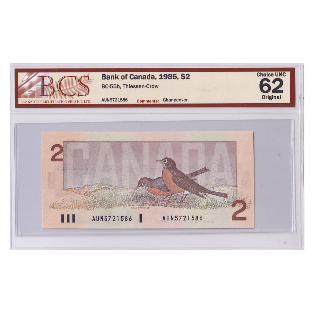 BC-55b 1986 Canada $2 Thiessen-Crow, Changeover, AUN, BCS Certified CUNC62