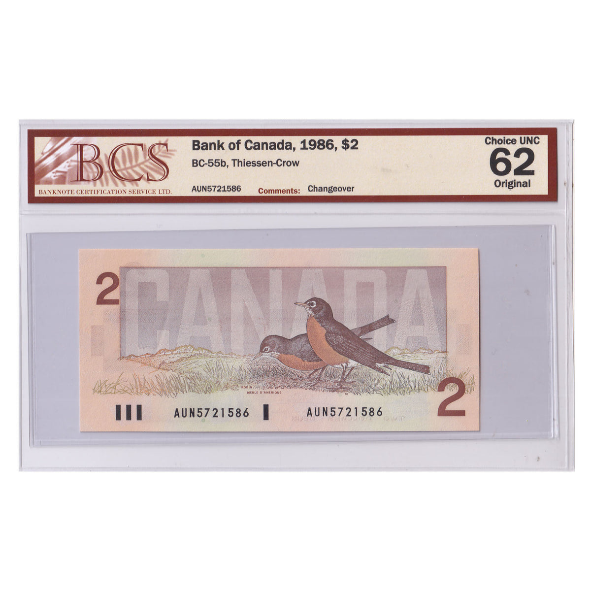 BC-55b 1986 Canada $2 Thiessen-Crow, Changeover, AUN, BCS Certified CUNC62
