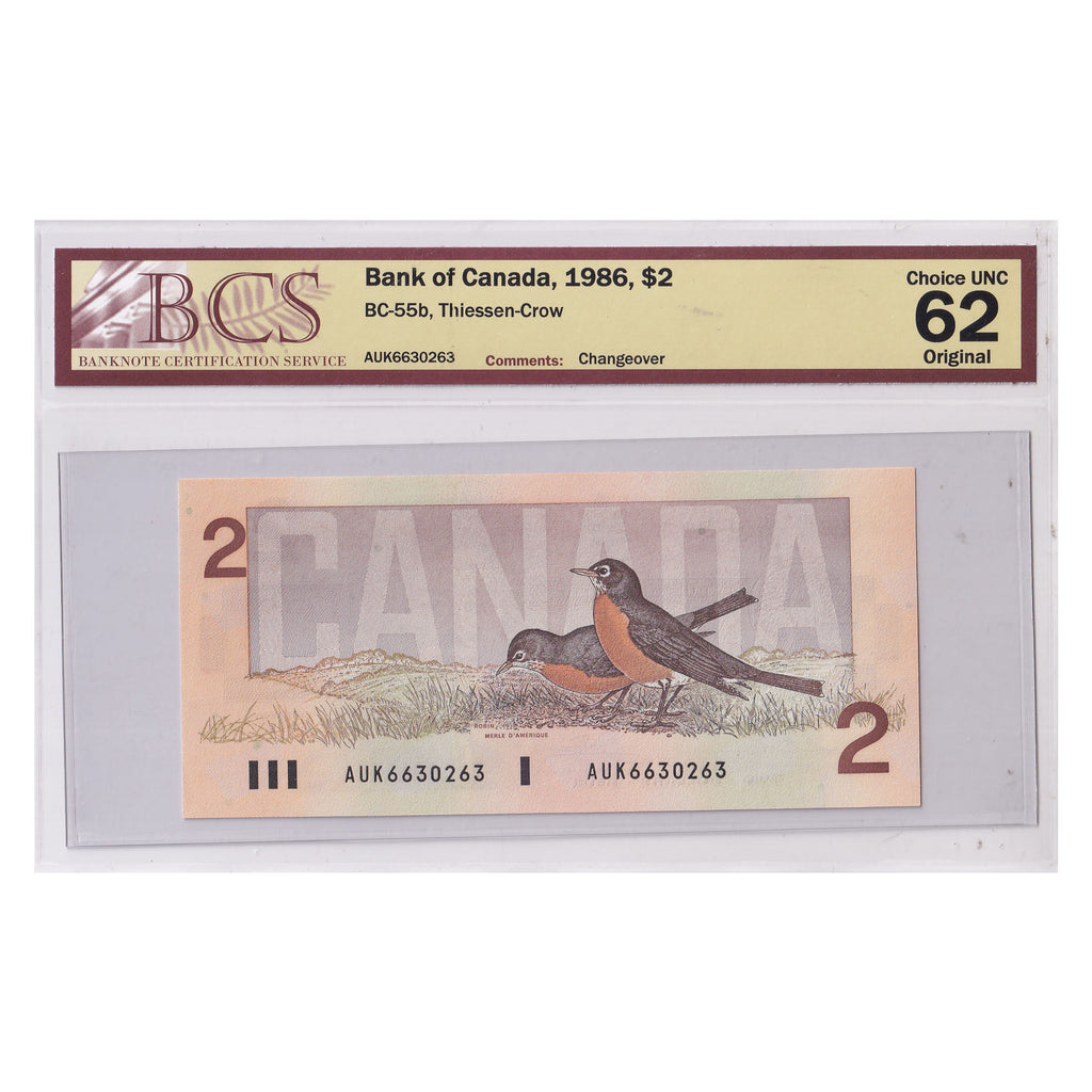 BC-55b 1986 Canada $2 Thiessen-Crow, Changeover, AUK, BCS Certified CUNC62