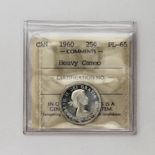1960 Canada 25-cents ICCS Certified PL65 Heavy Cameo (Lightly Toned)