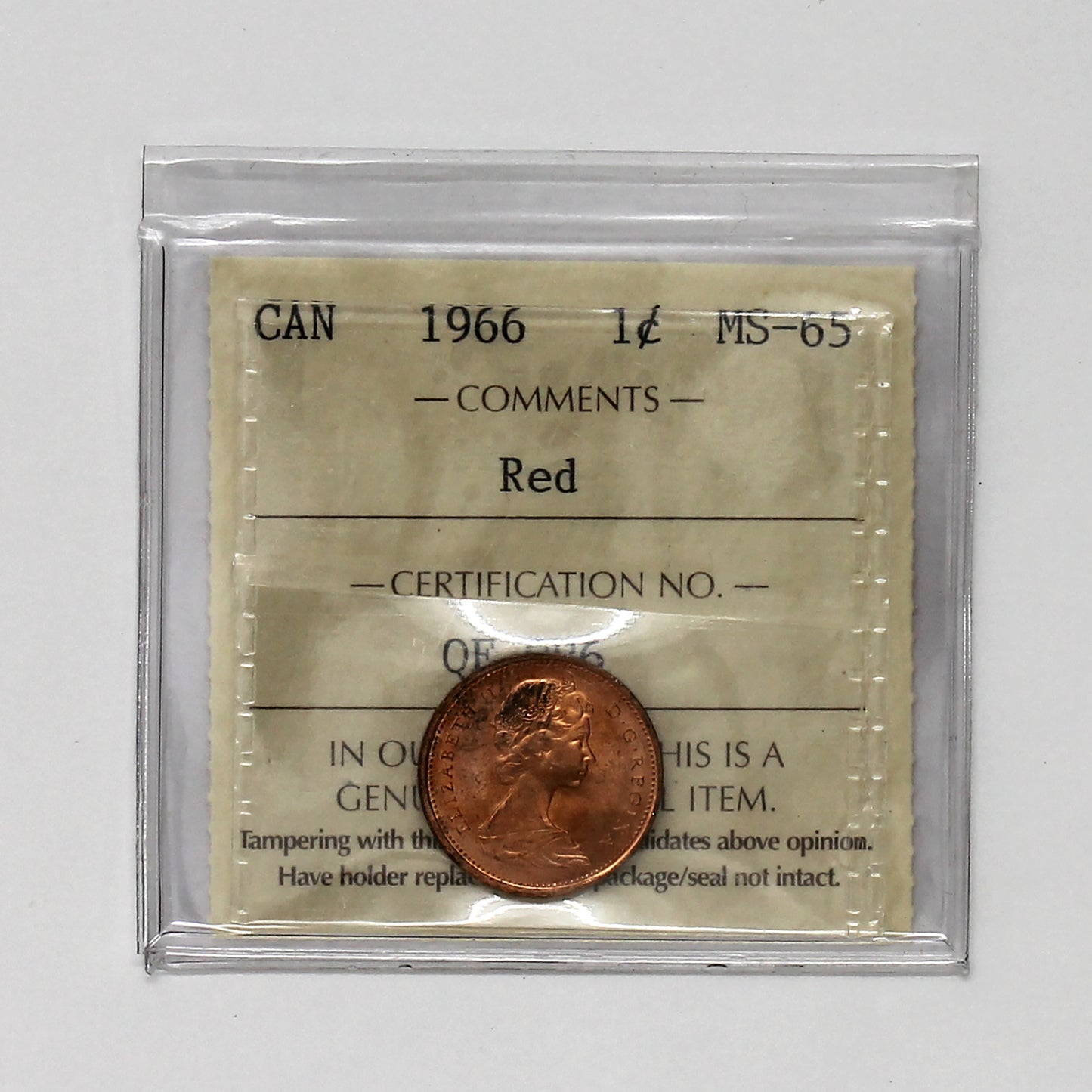 1966 Canada 1-cent ICCS Certified MS65 Red (Toned)