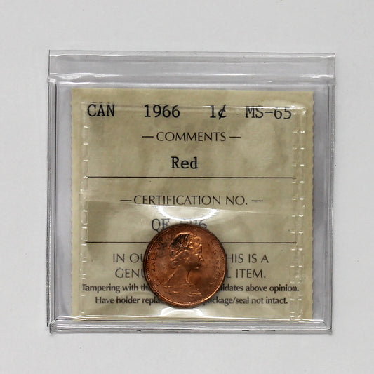 1966 Canada 1-cent ICCS Certified MS65 Red (Toned)