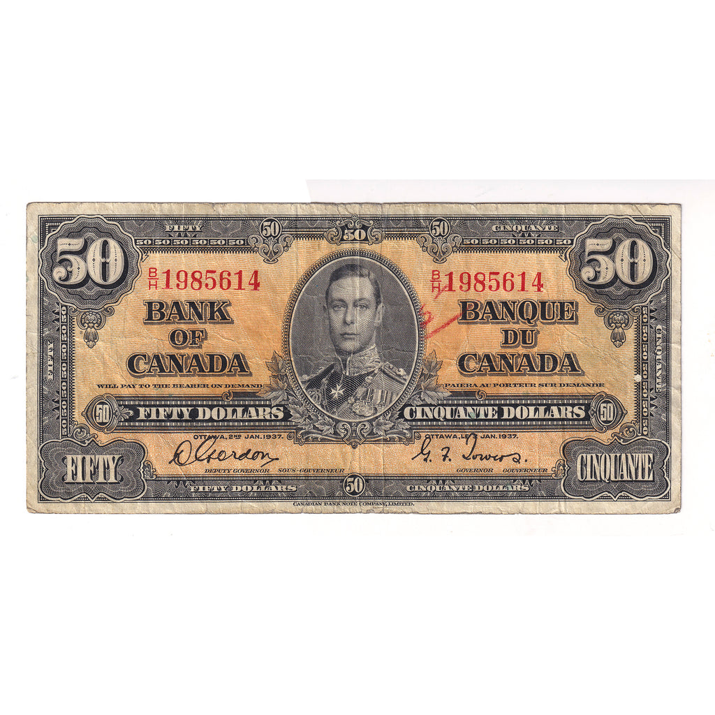 BC-26b 1937 Canada $50 Note Gordon-Towers B/H, F-VF (F15) Tears, writing, or impaired